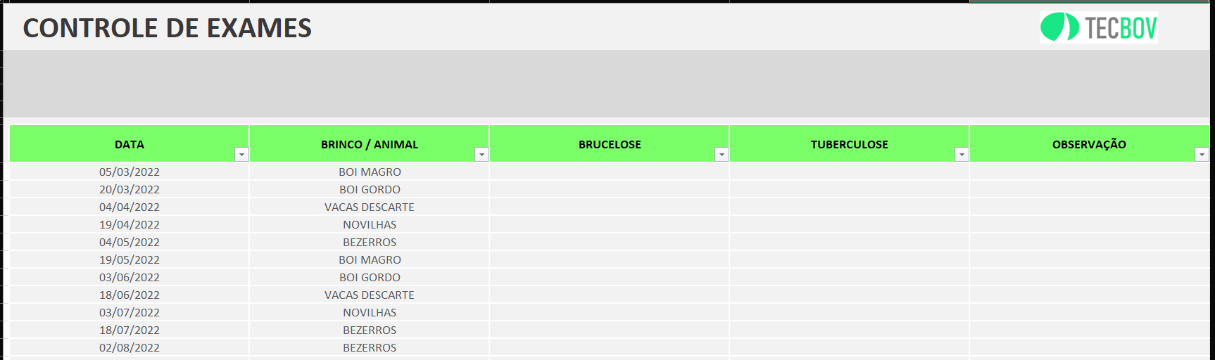 planilha controle de exames