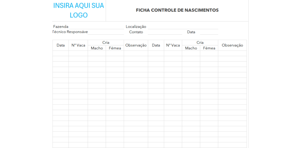 Ficha Controle de Nascimentos de Bezerros Grátis