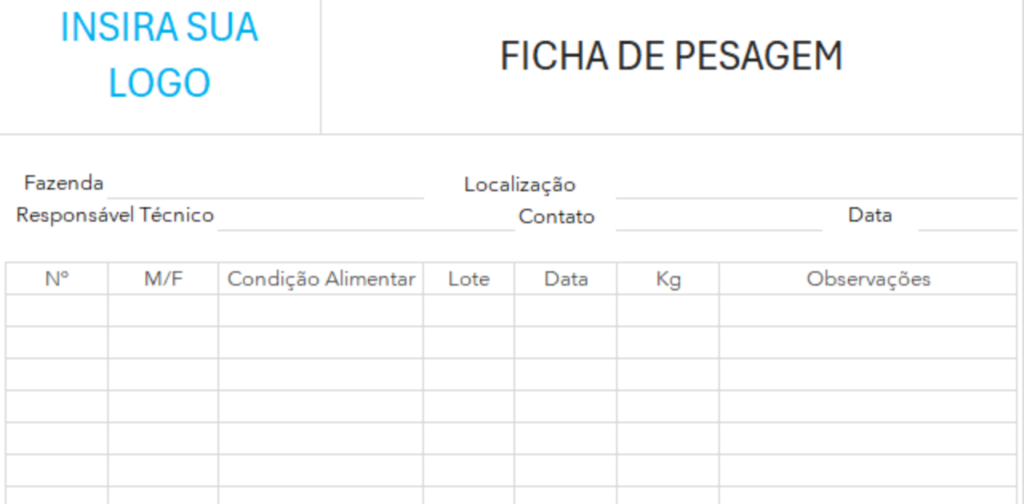 Ficha de Pesagem de Gado Grátis