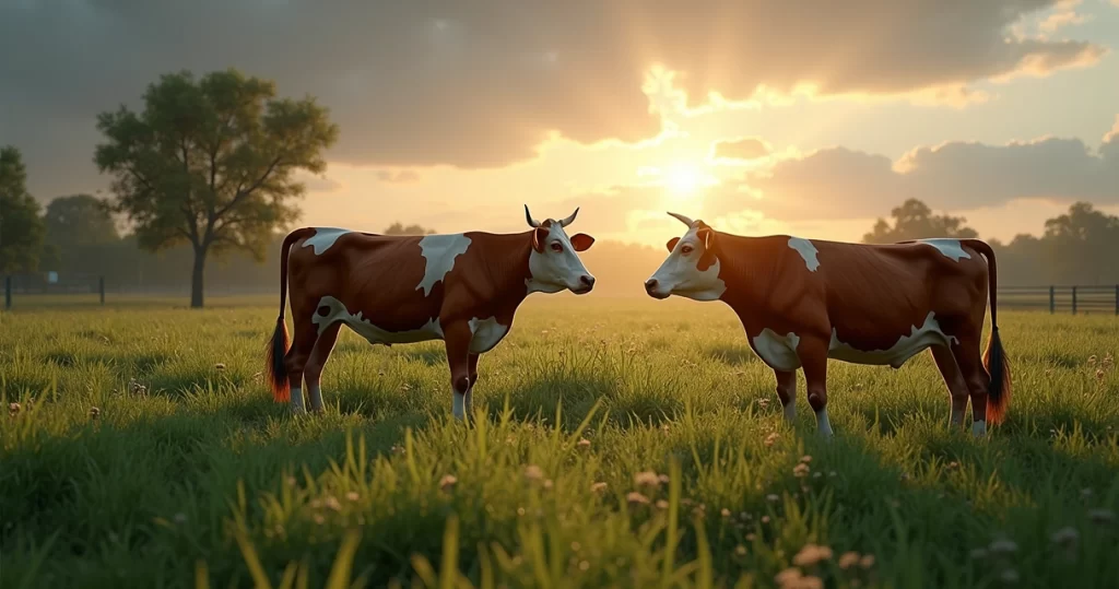 Fazenda com rebanho bovino, pastagens verdes, sistemas tecnológicos de monitoramento em telas digitais ao fundo