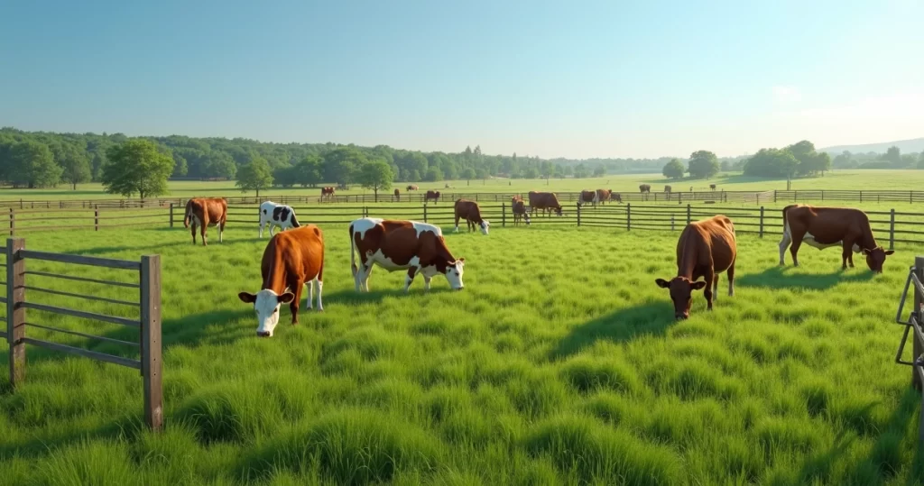 Pastagem verde bem conduzida com divisão de piquetes e gado pastando ordenadamente