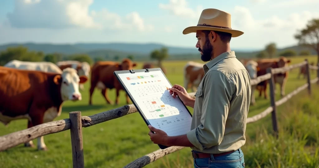 Pecuarista olhando calendário de manejo na fazenda com gado ao fundo