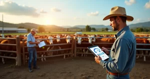 Pecuarista com tablet auditando rebanho de gado no curral