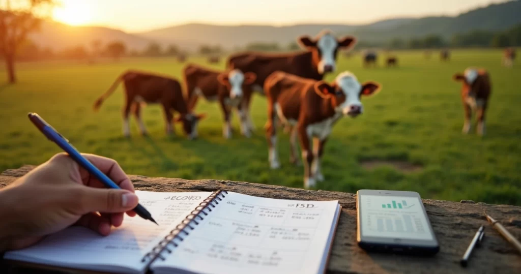 Bezerros em pasto verde ao lado de calculadora e anotações de custos