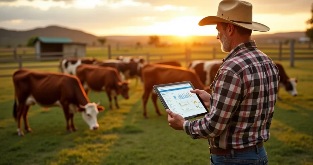 Produtor rural com tablet checando checklist na fazenda de gado