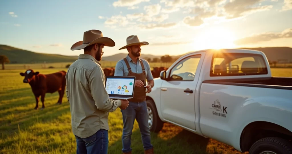 Consultor e pecuarista analisando dados de rebanho em fazenda de gado