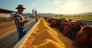 Pecuarista observando cocho com ração contendo DDG de milho para bovinos de corte
