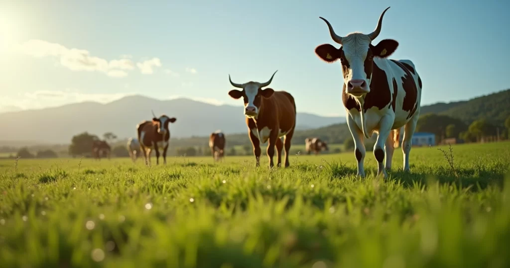 Fazendeiro analisando rebanho bovino em pastagem verde sob céu claro