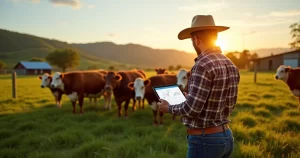 Pecuarista analisando lucro da fazenda com planilha em tablet diante do rebanho