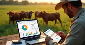 Pecuarista analisando custos por arroba em tablet na fazenda