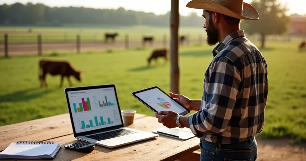 Produtor rural analisando planilhas financeiras em um tablet na fazenda