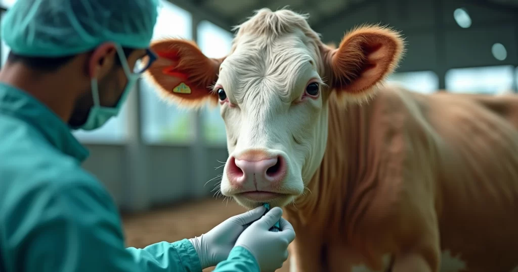 Veterinário realizando inseminação artificial em bovino em ambiente de fazenda com foco no manejo reprodutivo e cuidados sanitários