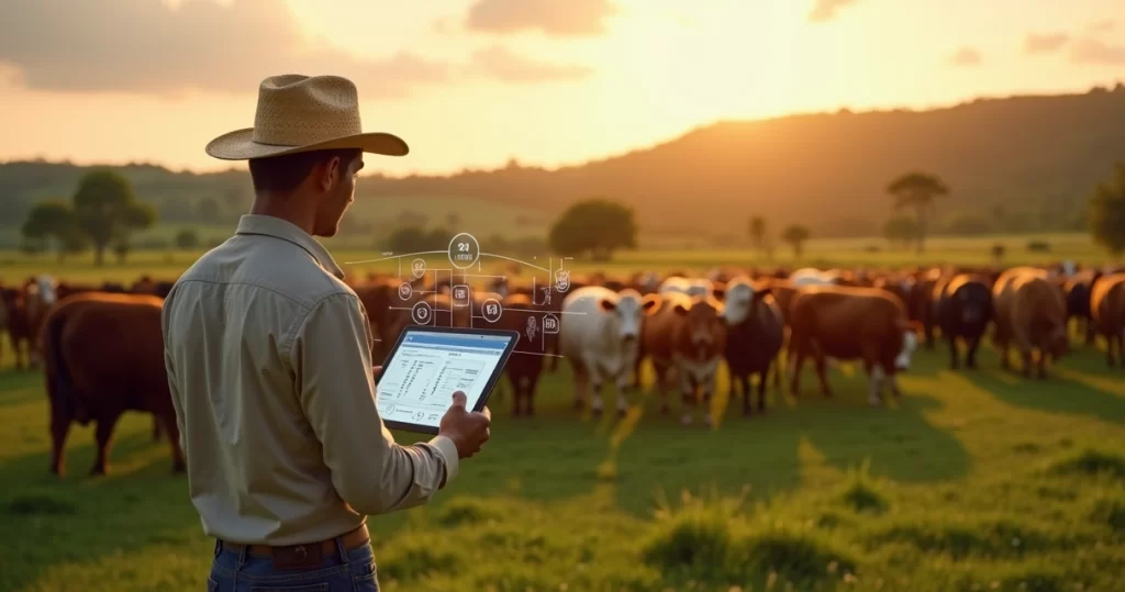 Pecuarista conferindo inventário de gado em tablet diante do rebanho no pasto