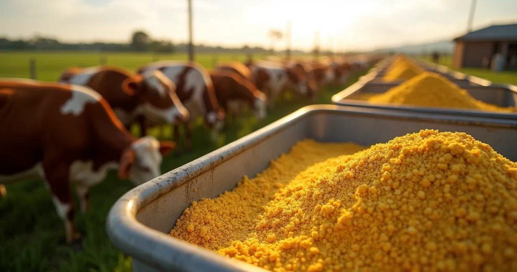 Gado de corte em pasto com cocho de milho moído ao fundo