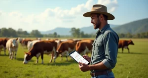 Pecuarista analisando dados de rebanho em tablet na frente do gado no pasto