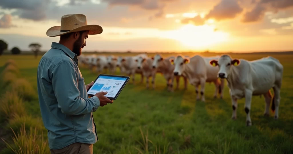 Pecuarista usando tablet para rastrear rebanho de gado em pasto aberto