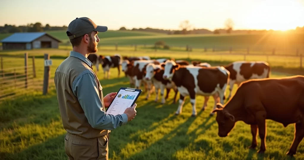 Veterinário avalia gado em pasto com planilha de planejamento nutricional