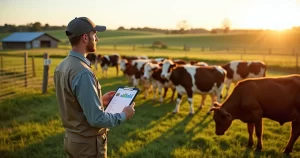 Veterinário avalia gado em pasto com planilha de planejamento nutricional