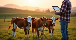 Bezerros desmamados em pasto verde com produtor analisando gráfico de preços