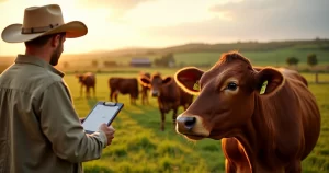 Pecuarista conferindo brinco de rastreio SISBOV em boi no pasto
