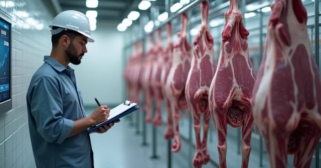 Técnico avaliando carcaça bovina pendurada em frigorífico moderno