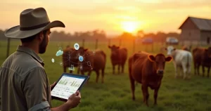 Pecuarista usando tablet para monitorar gado em pasto com ícones de tecnologia ao redor